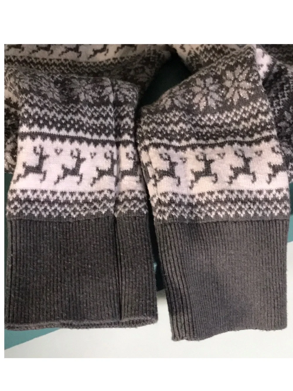 Girls S silver grey white sparkle reindeer snowflake leggings Fair Isle Leggings